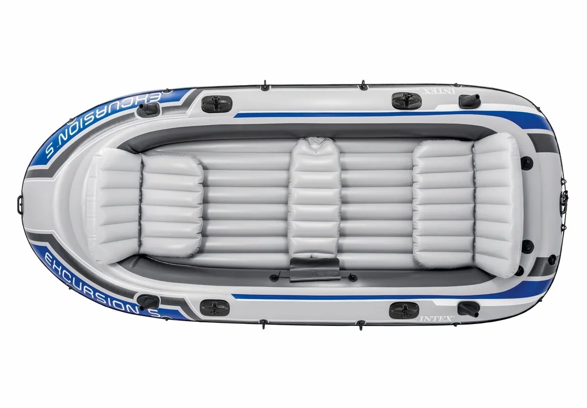 Intex Excursion 5 Inflatable Boat Set - 5 Persons - 366x168 cm - 3 Air Chambers - Fishing Rod Rests
