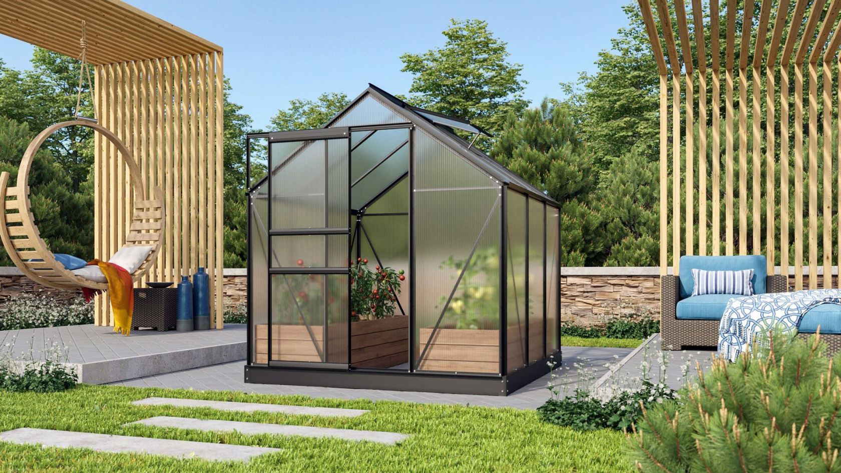 Serre Vitavia Venus 3.8m² avec polycarbonate 6mm - Noir - Avec porte coulissante simple (B61 cm) et fondation