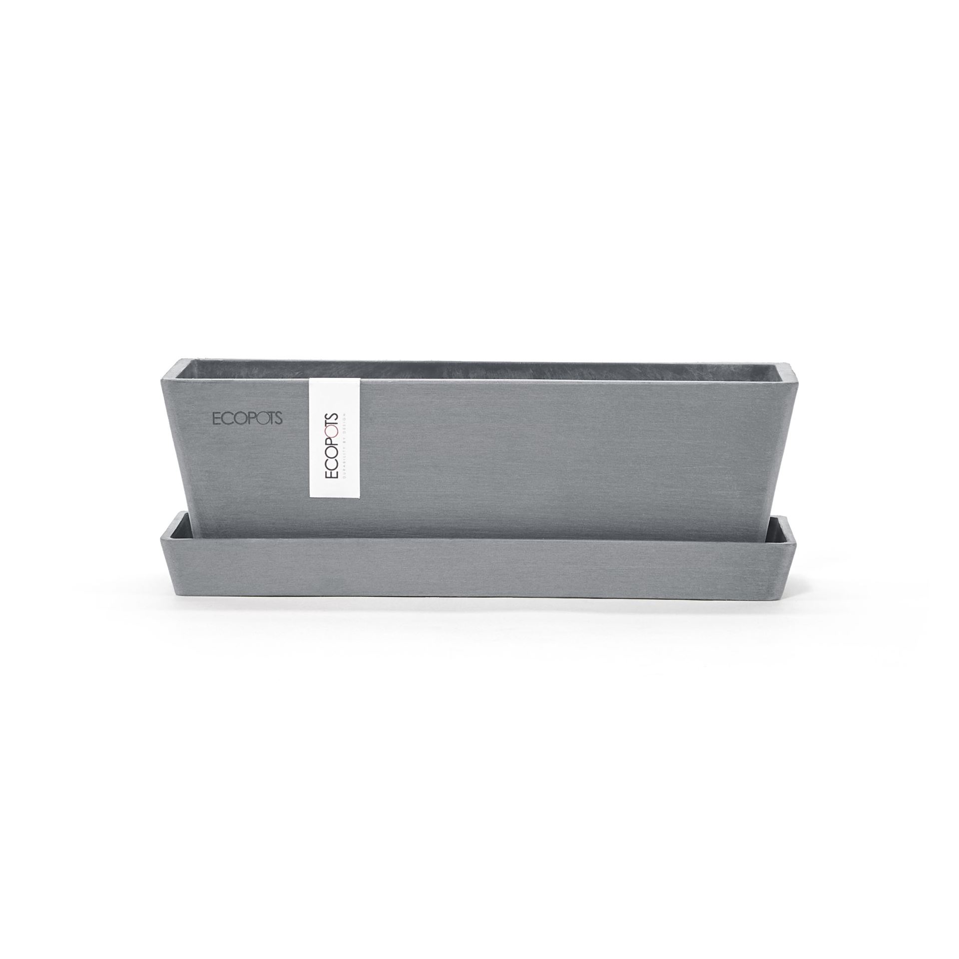 Ecopots Bruges - Blue Grey - 25 x 8,7 x H8,5 cm - Rechthoekige blauwgrijze bloempot / plantenbak met onderschotel