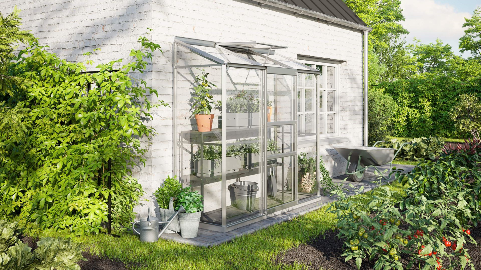 Vitavia Ida wall greenhouse 1.3m² with safety glass - Aluminum - With single sliding door (W61 cm) and foundation