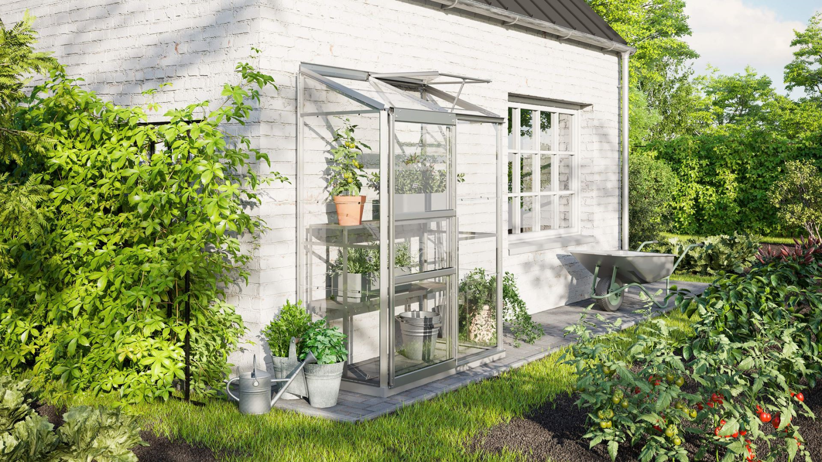 Vitavia Ida wall greenhouse 0.9m² with safety glass - Aluminum - With single sliding door (W61 cm) and foundation