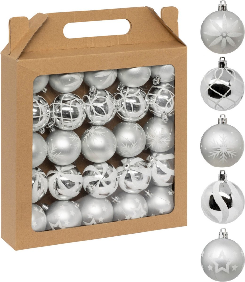 Feeric Boules de Noël - 25 pièces - 6 cm - Argent/Blanc - Plastique - Mélange de brillance et de paillettes
