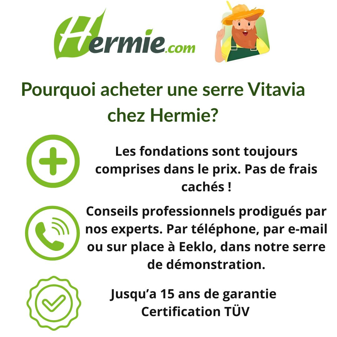 Serre Vitavia Planet 5m² avec verre de sécurité - Vert foncé - Avec porte coulissante simple (B61 cm) et fondation