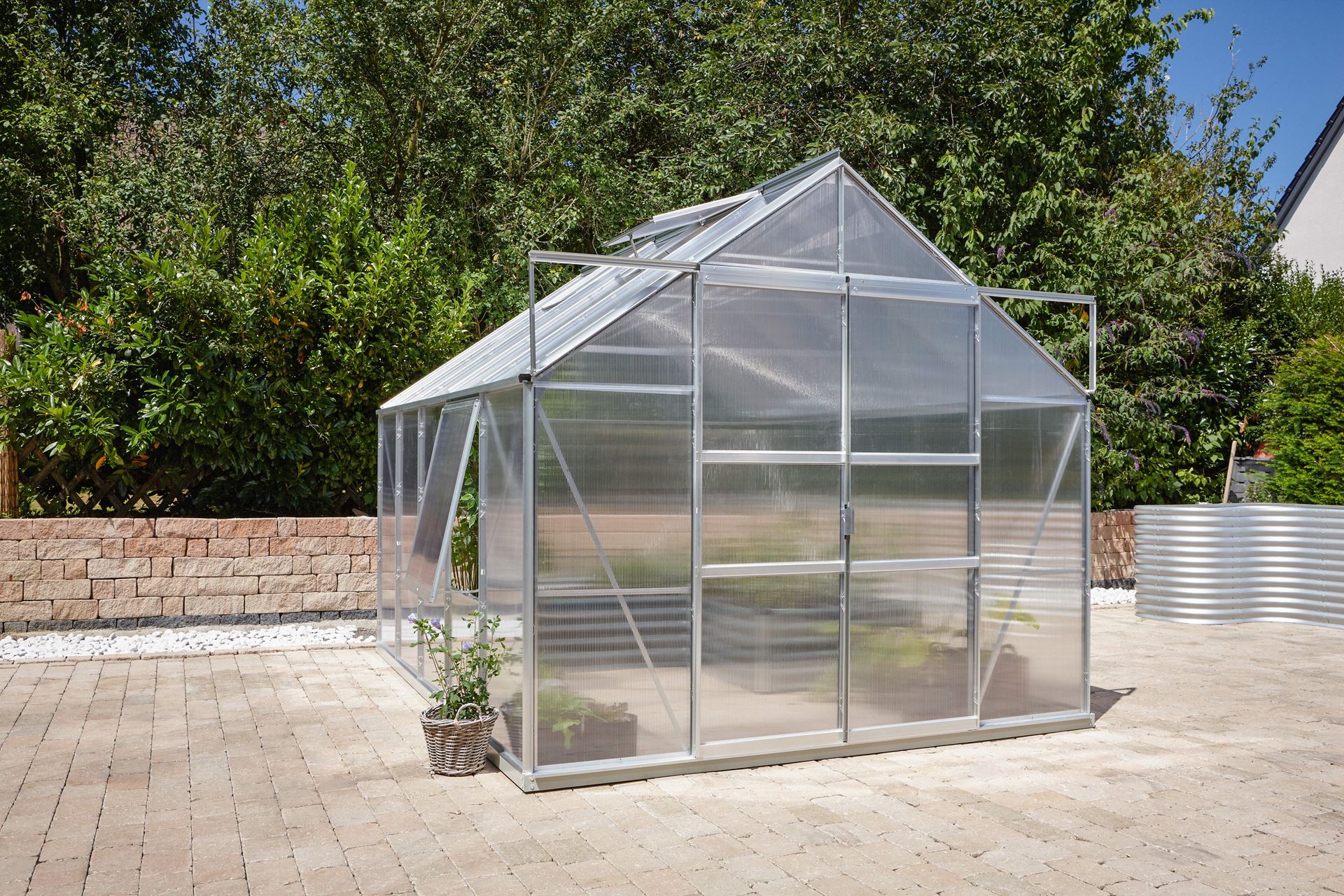 Vitavia Meridian 2 serre 8,3m² avec polycarbonate 4 mm - Aluminium - Avec double porte coulissante (L120 cm) et fondation