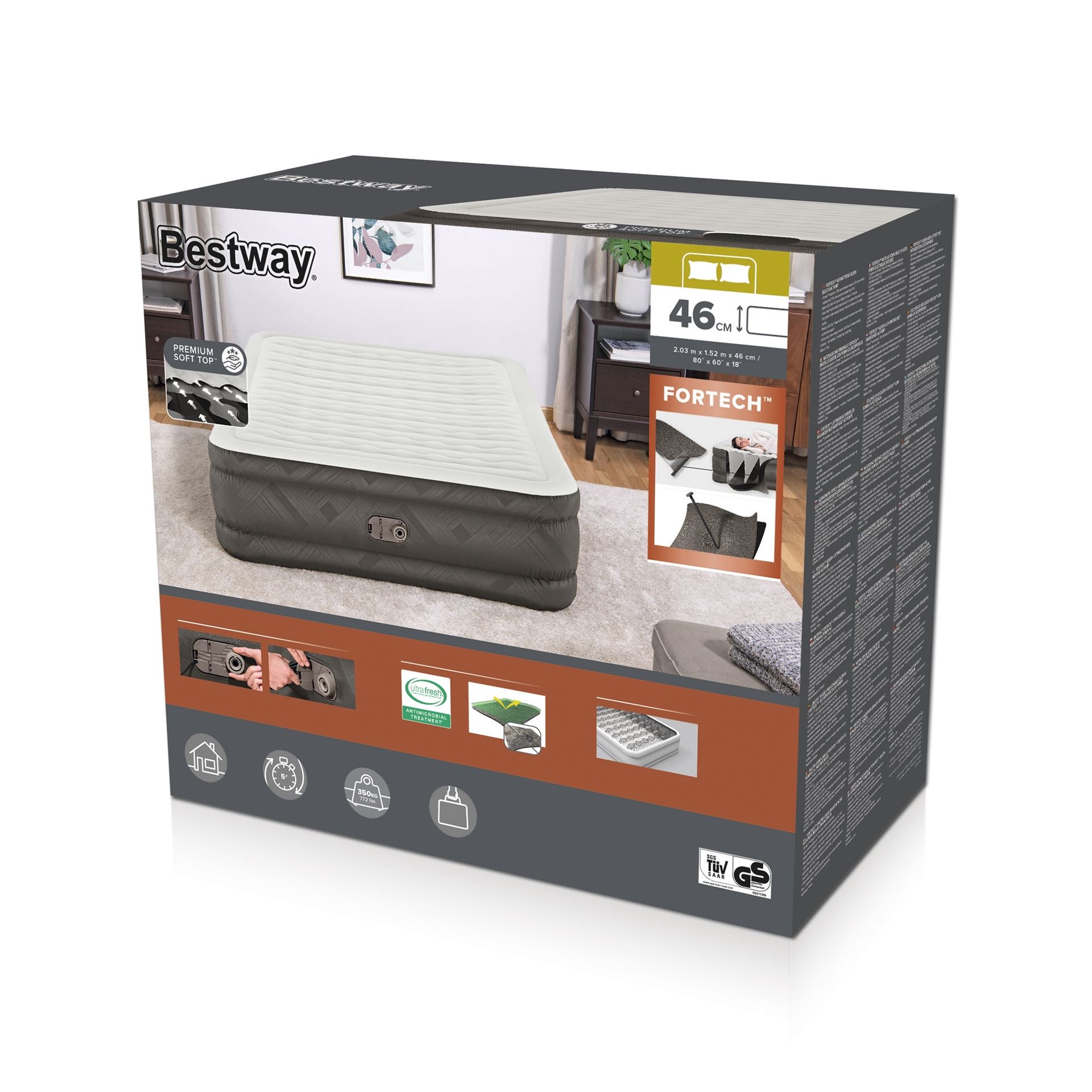 Bestway matelas d'air 'Fortech Queen' - 203x152x46 cm - avec pompe incorporée - brun/gris Bestway-2-03m-x-1-52m-x-46cm-Fortech-Air-Mattress-Queen-Built-in-AC-pump