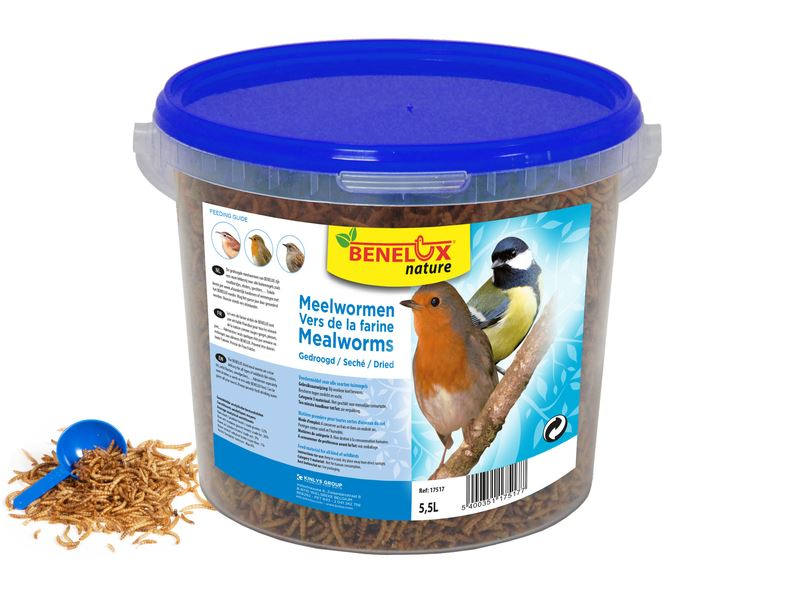 Kinlys meelwormen emmer 5.5L voor buitenvogels - Gevriesdroogde meelwormen - Rijk aan eiwitten - Geschikt voor vogels, vissen, schildpadden, reptielen en pluimvee