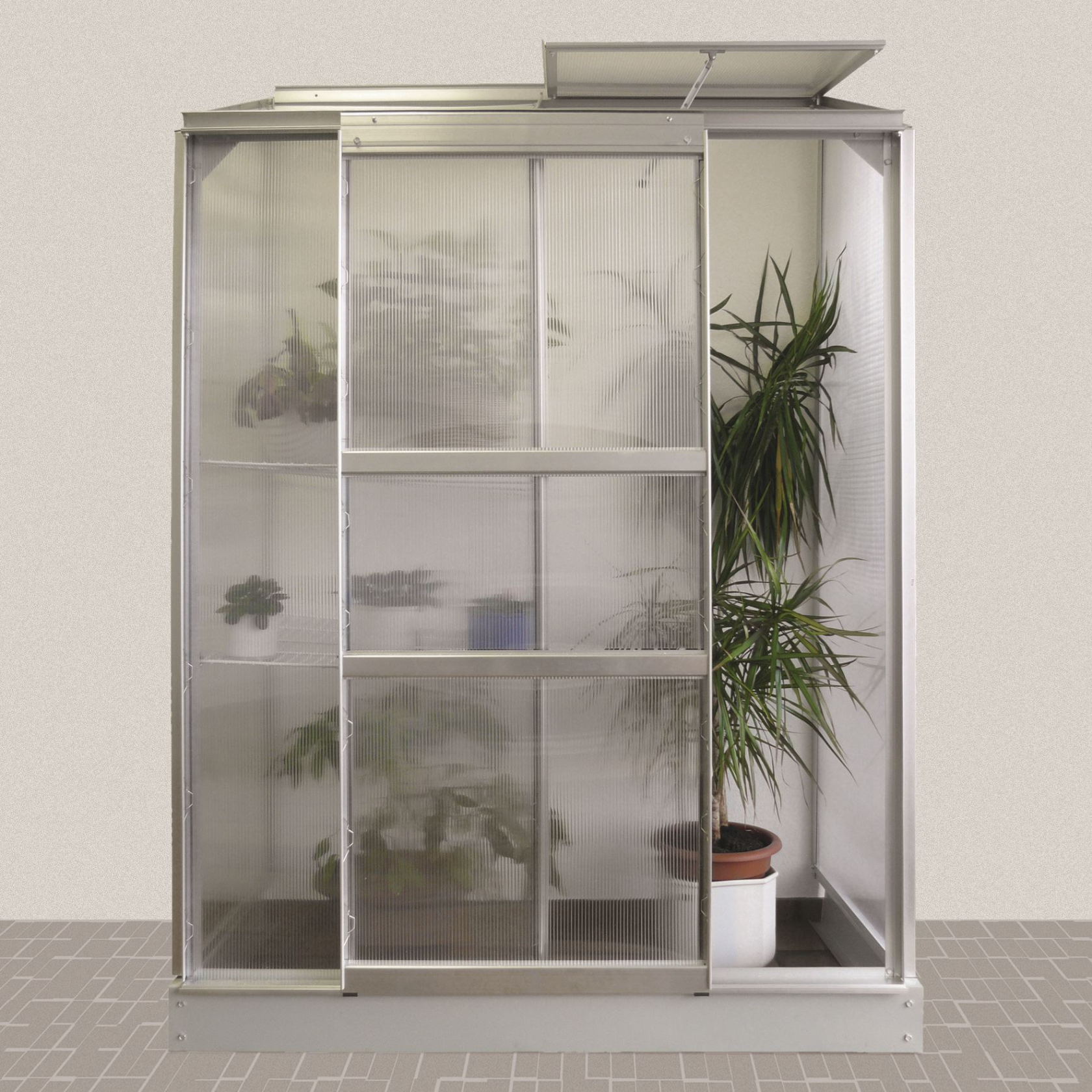 Vitavia Ida wall greenhouse 0.9m² with 4 mm polycarbonate - Aluminum - With single sliding door (B61 cm) and foundation