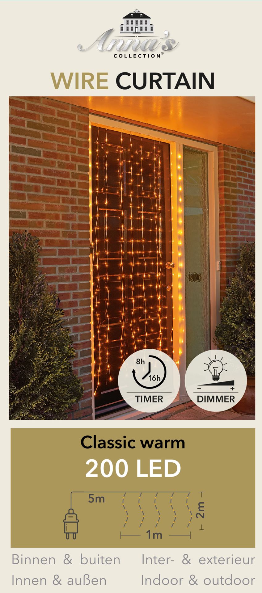 Anna's Collection - gordijnverlichting - transparant - L200 x B100 cm - 10 lichtstrengen - 200 extra warm witte ledlampjes - met timer & dimmer