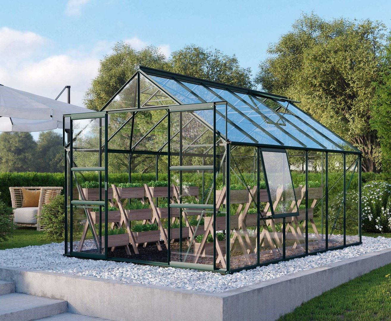 Vitavia Meridian 2 serre 9.9m² avec verre de sécurité - Vert foncé - Avec double porte coulissante (L120 cm) et fondation