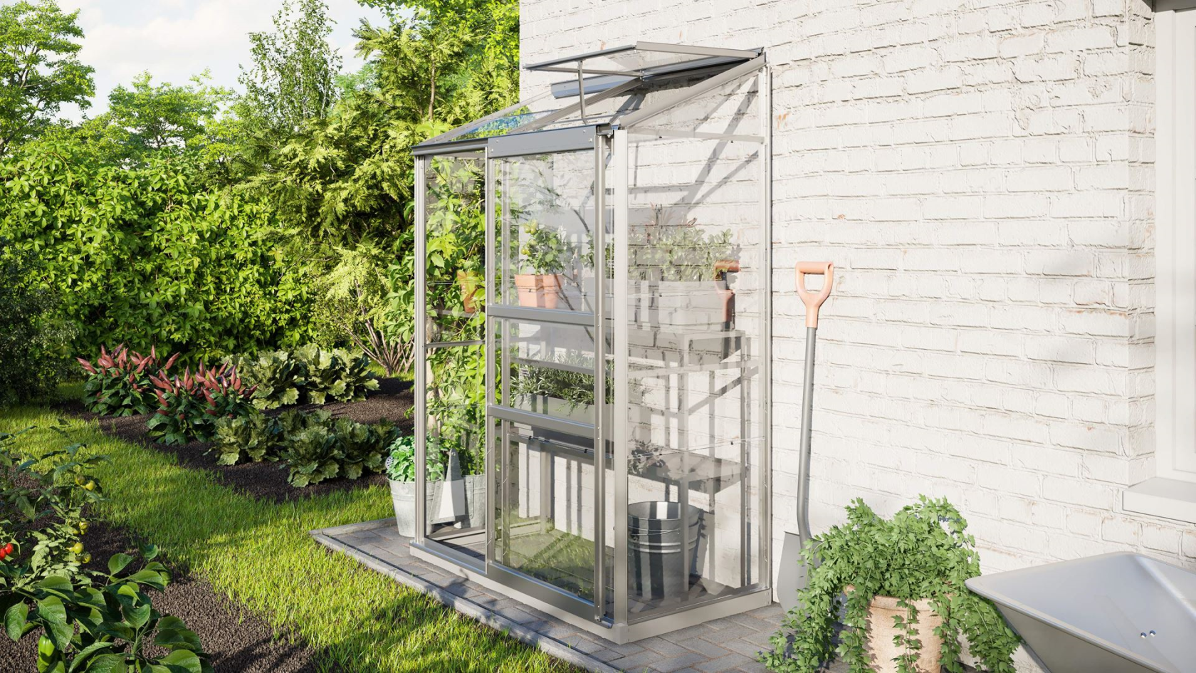 Vitavia Ida wall greenhouse 0.9m² with safety glass - Aluminum - With single sliding door (W61 cm) and foundation