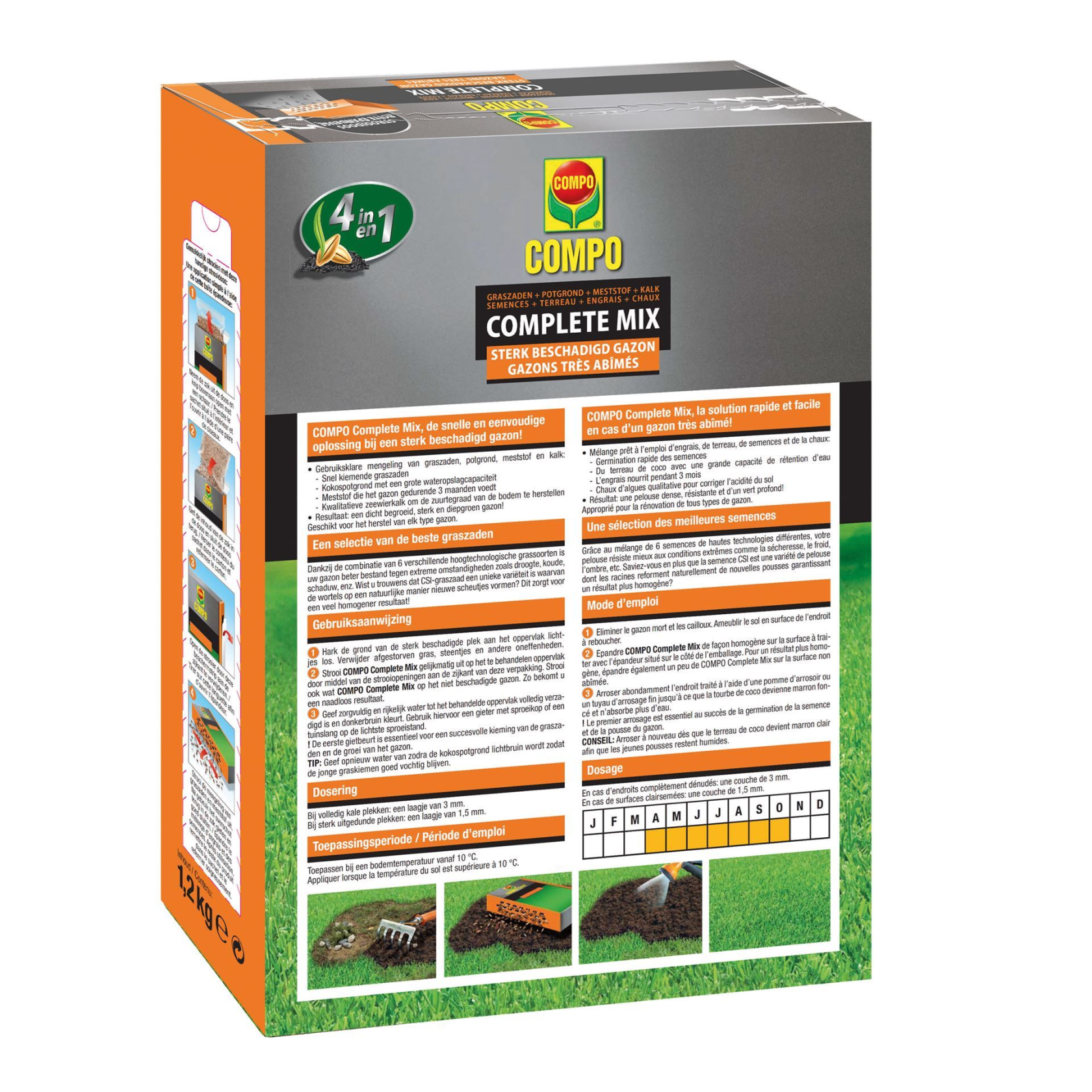 Compo Complete Mix 1.2kg - restaurer les pelouses gravement endommagées - 4 en 1 : graines de gazon, terreau, engrais + chaux - germination rapide - boîte pour 6 m²