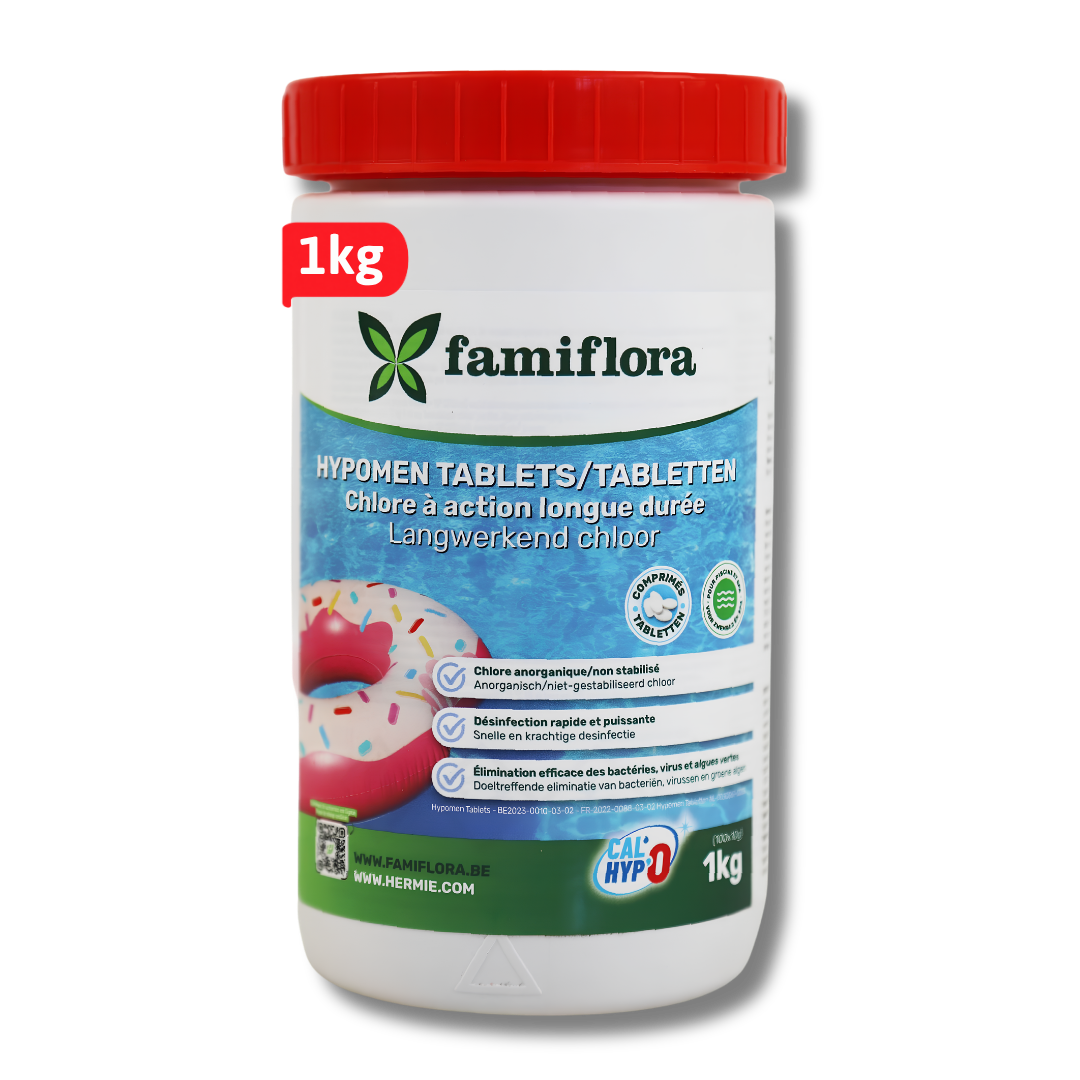 Famiflora - Hypomen langwerkend anorganisch chloor 1kg - 10g tabs (100x10g) - niet-gestabiliseerd chloor