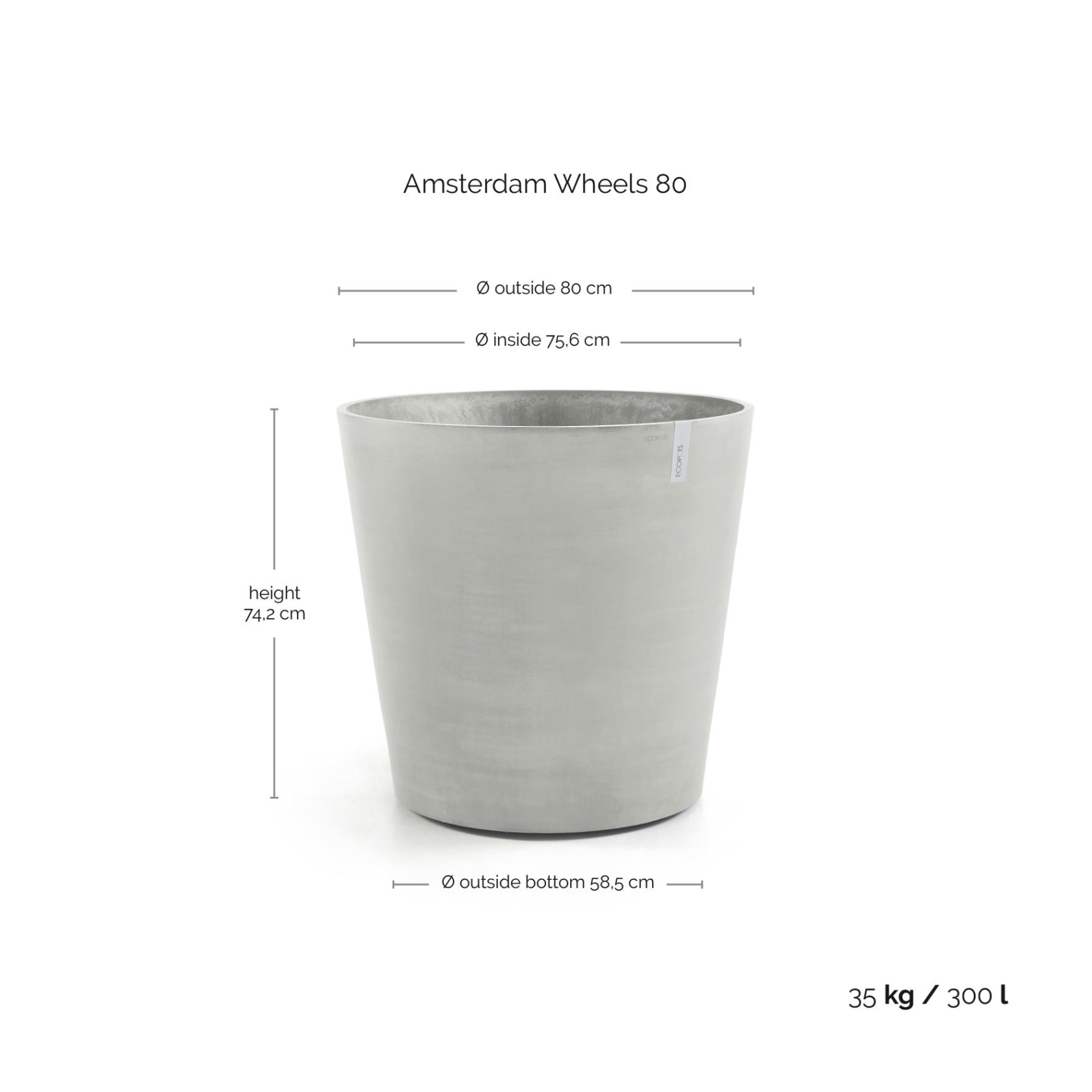 Ecopots flowerpot Amsterdam Wheels 80 - Round - White Grey - Diameter 80 x H74,2 cm
