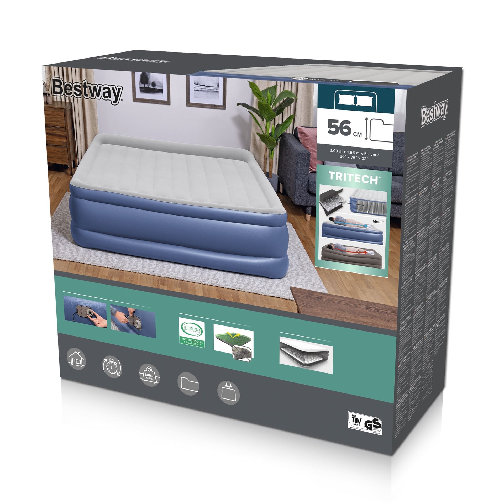 Bestway airbed 'Tritech King' - 203x193x56 cm - with side, built-in pump, deflating valve and pillow - blue/gray Bestway-2-03m-x-1-93m-x-56cm-Tritech-Air-Mattress-King-Built-in-AC-Pump
