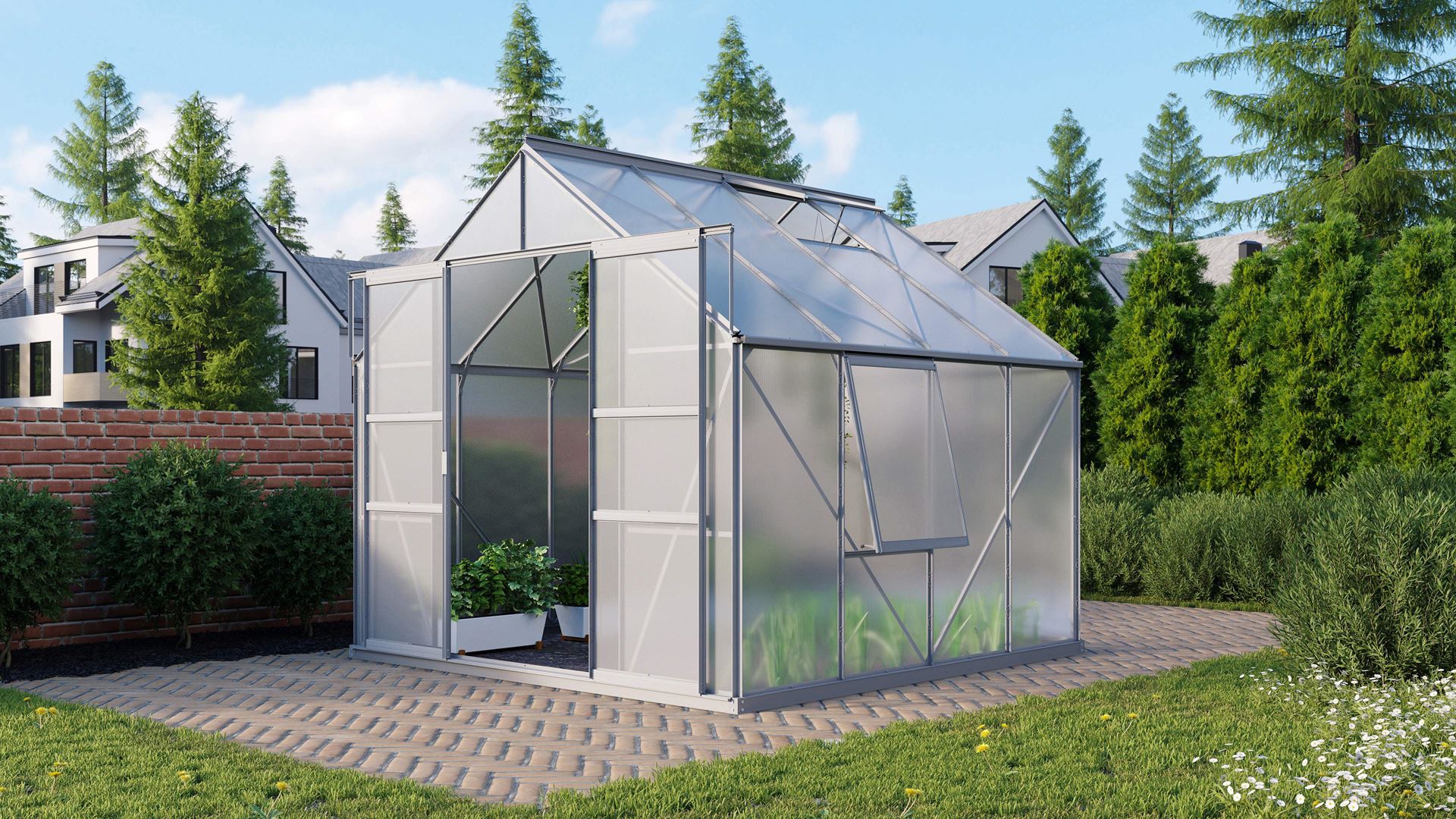 Vitavia Meridian 2 serre 6,7m² avec polycarbonate 6 mm - Aluminium - Avec double porte coulissante (L120 cm) et fondation