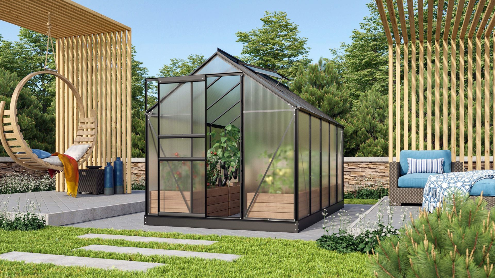 Serre Vitavia Venus 6.2m² avec polycarbonate 6mm - Noir - Avec porte coulissante simple (B61 cm) et fondation