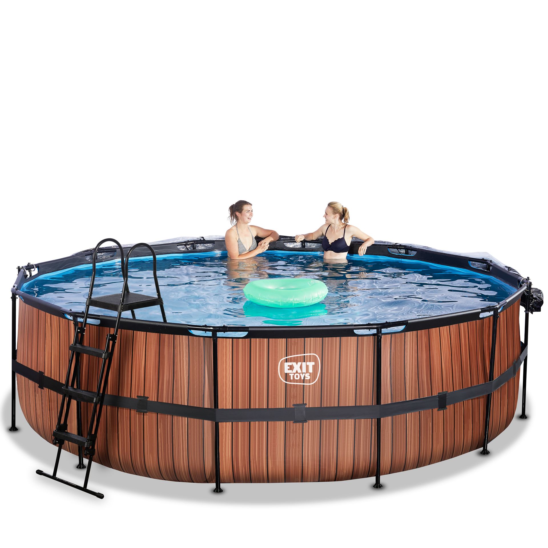 EXIT-Wood-zwembad-488x122cm-met-zandfilterpomp-en-overkapping-en-warmtepomp-bruin