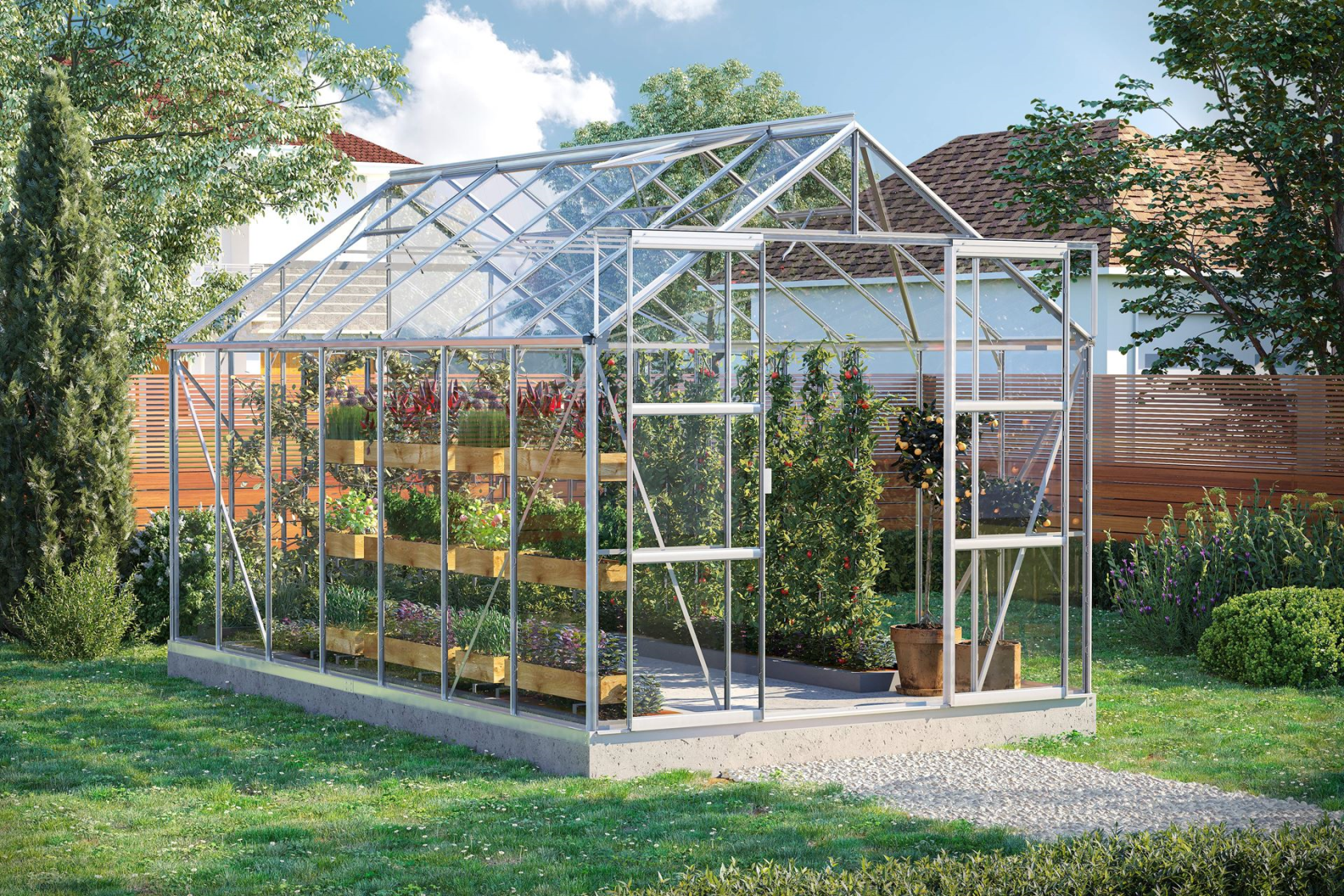 Serre Vitavia Uranus 11.5m² avec verre de sécurité - Aluminium - Avec double porte coulissante (L120 cm) et fondation