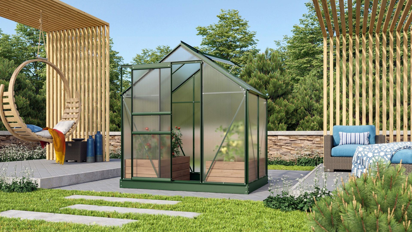Vitavia Venus greenhouse 2.5m² with 6mm polycarbonate - Dark green - With single sliding door (B61 cm) and foundation