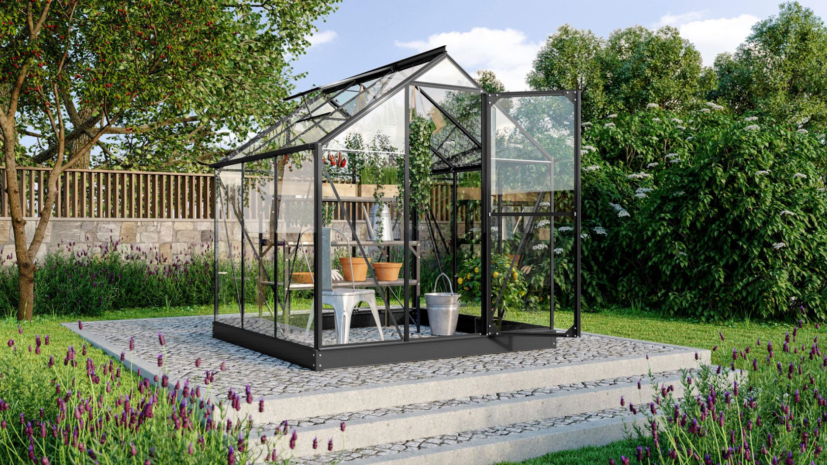Vitavia Triton greenhouse 3.8m² with safety glass - Black - With flexible door arrangement (can be set up as a French door or sliding door) and foundation