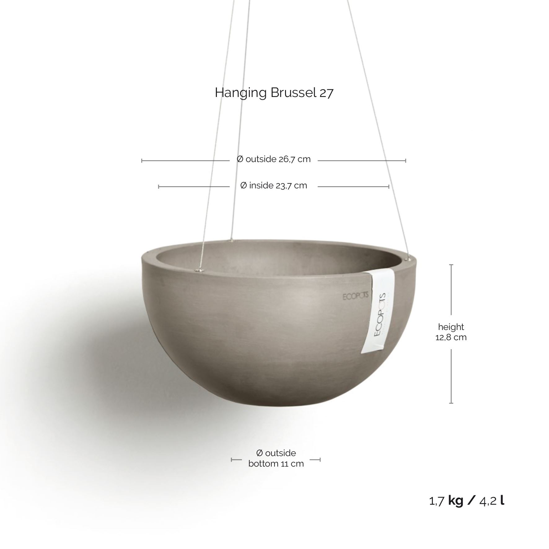 Ecopots-brussels-hanging-taupe-27-cm-H13-cm-incl-waterreservoir