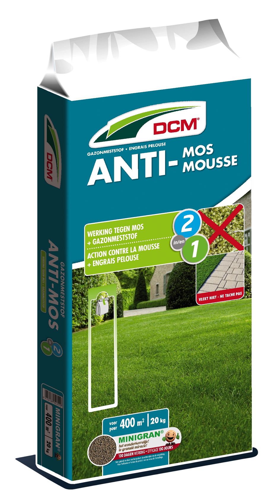 DCM engrais gazon 20kg pour 400m² - 2 en 1 anti-mousse