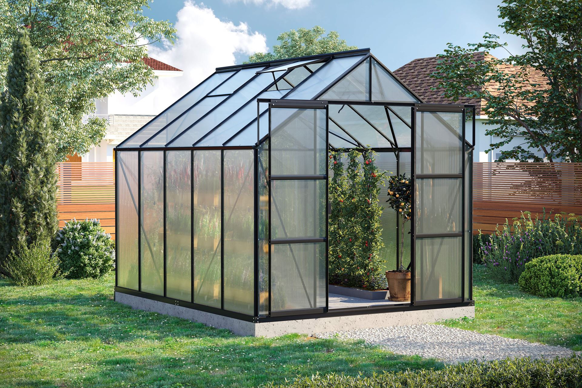 Serre Vitavia Uranus 8.3m² avec polycarbonate 6 mm - Noir - Avec double porte coulissante (L120 cm) et fondation