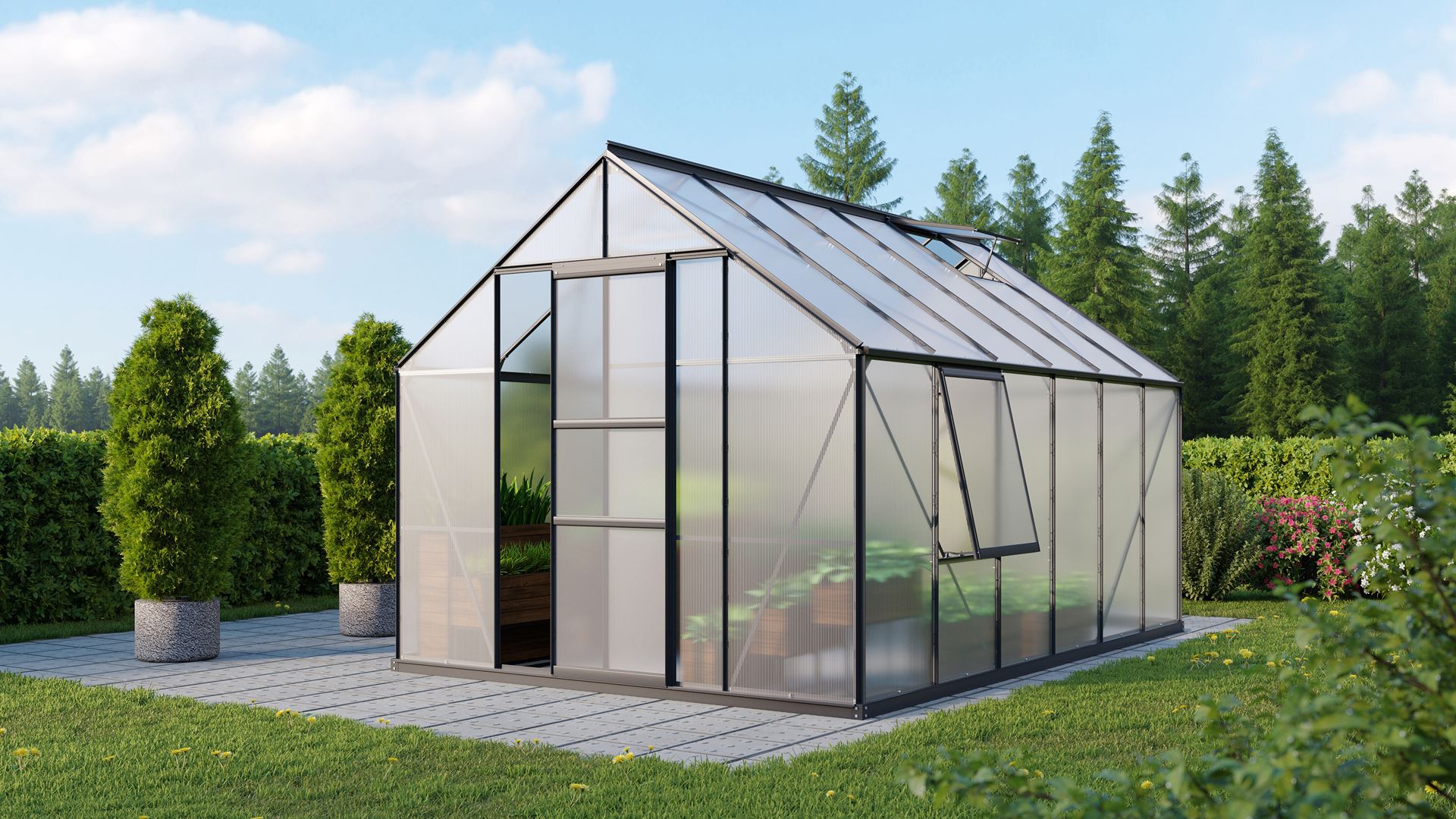 Meridian-1-9900-HKP4mm-zwart-Polycarbonaat-serre-Vrijstaand-B254-4-x-L378-8-x-H231-8-cm