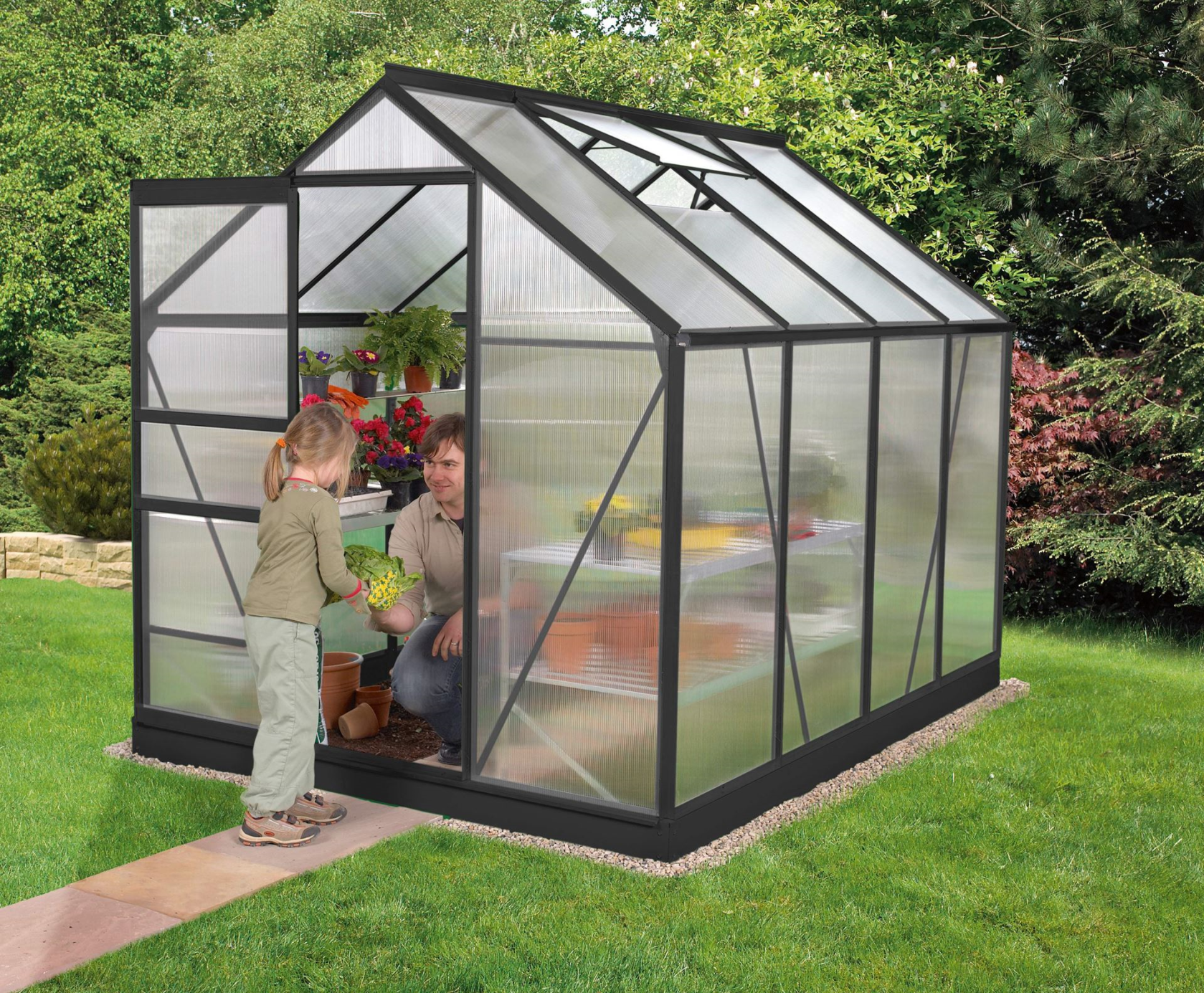 Serre Vitavia Venus 5m² en polycarbonate 4mm - Noir - Avec porte coulissante simple (B61 cm) et fondation