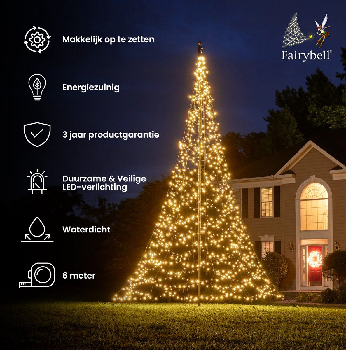 Fairybell vlaggenmast kerstboom - 600 cm - 1.200 twinkelende & warm witte ledlampjes - exclusief vlaggenmast