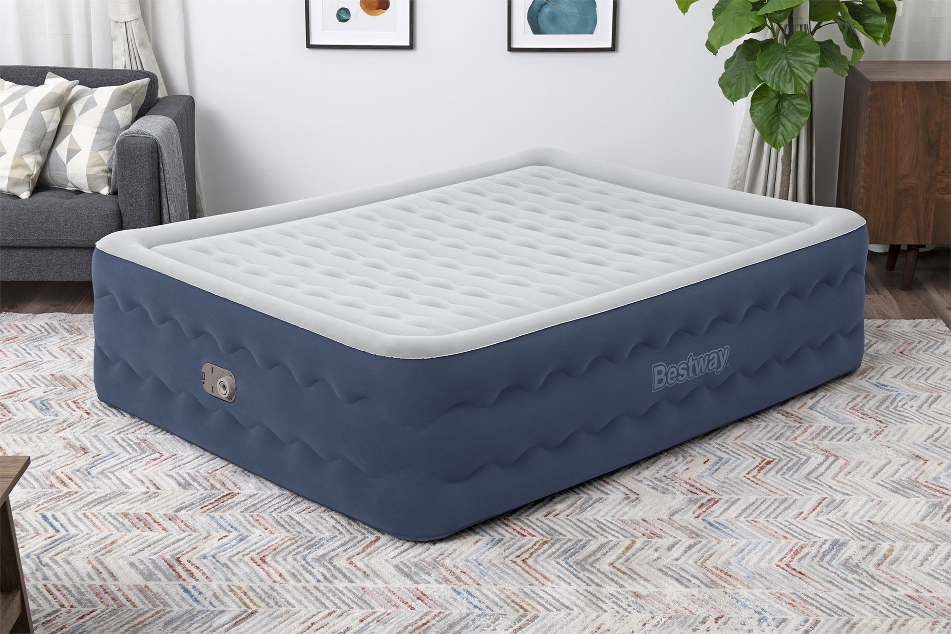 Bestway luchtbed 'Tritech Queen' - 203x152x51 cm - met zijkant, ingebouwde pomp - Luxe design blauw/wit Bestway-2-03m-x-1-52m-x-51cm-Tritech-Truleisure-Air-Mattress-Queen-Built-in-AC-pump