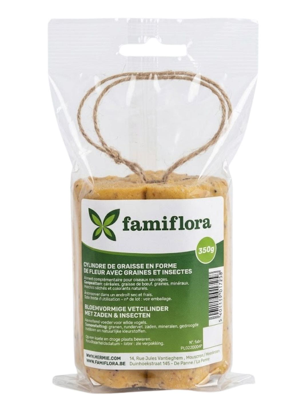 Cylindre à graisse en forme de fleur Famiflora - Graines et insectes - Noyau en bois - Produit 100% naturel