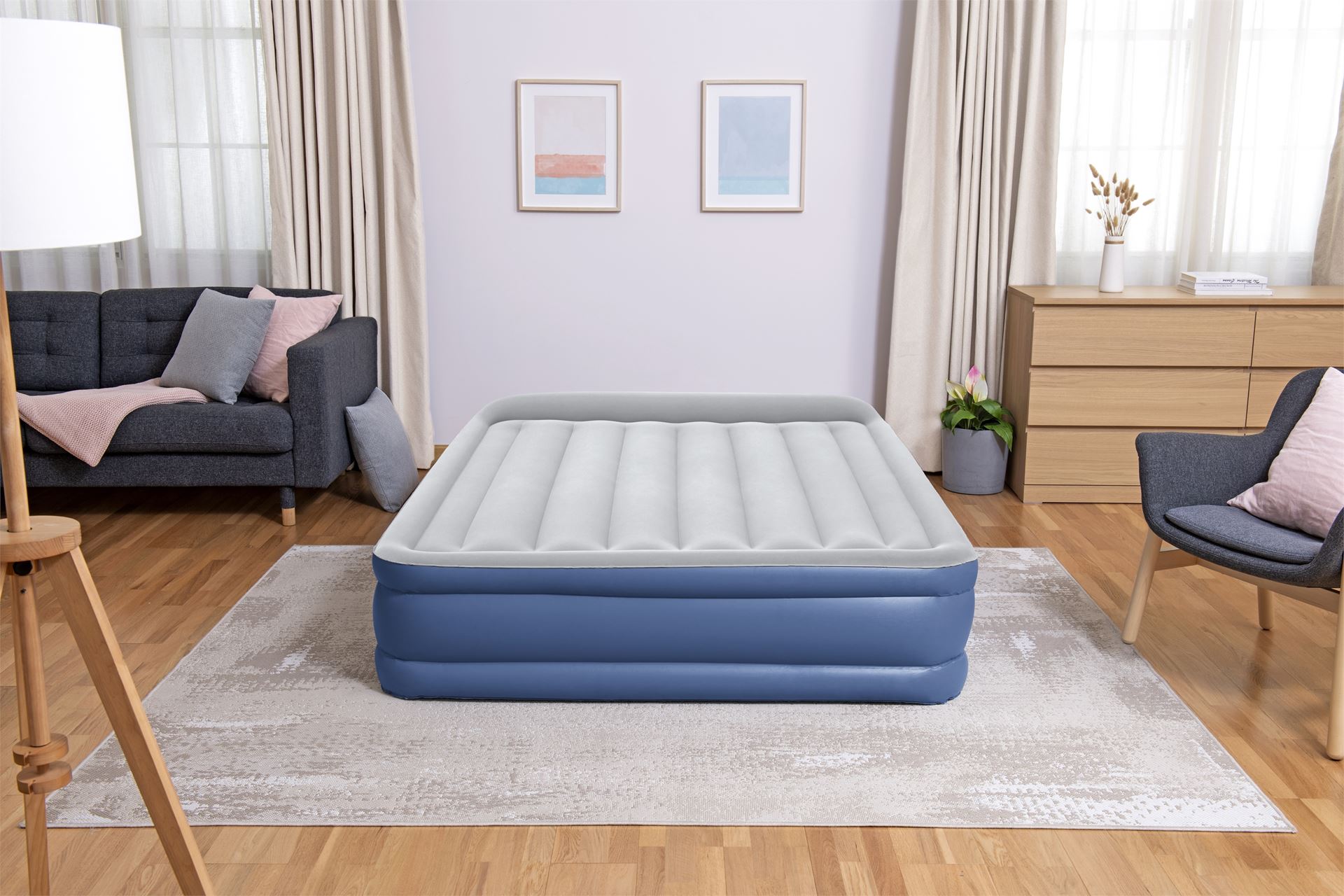 Bestway airbed 'Tritech Queen' - 203x152x46 cm - with side, built-in pump, deflating valve and pillow - blue/gray Bestway-2-03m-x-1-52m-x-46cm-Tritech-Air-Mattress-Queen-Built-in-AC-Pump