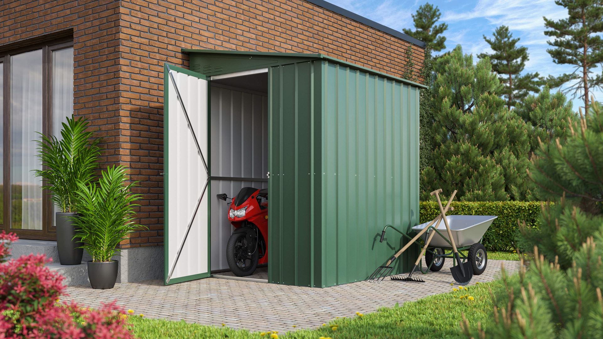 Aanbouw-tuinberging-LeanTo-56-H178-jade-groen-Tuinberging-metaal-B144-x-L171-x-H203-cm