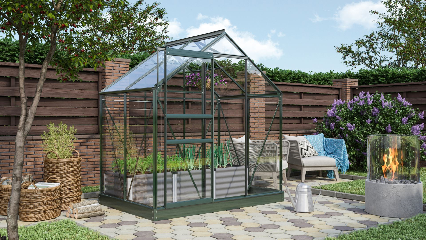 Vitavia Venus greenhouse 2.5m² with safety glass - Dark green - With single sliding door (B61 cm) and foundation