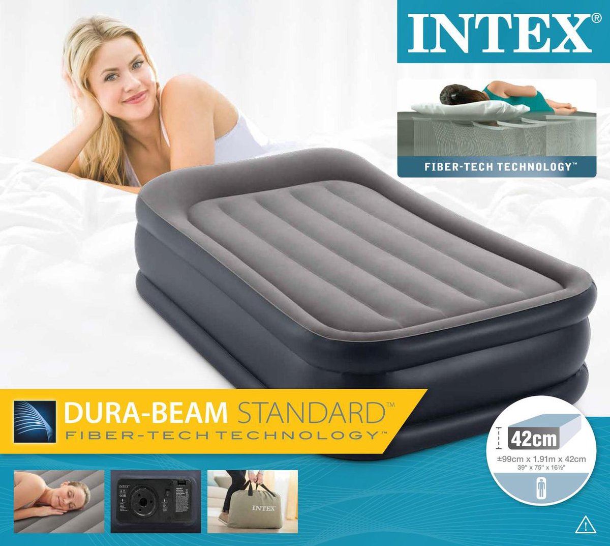 Intex Airbed Twin Pillow Rest Raised Deluxe - 191x99x42 cm - With built-in pump and travel bag