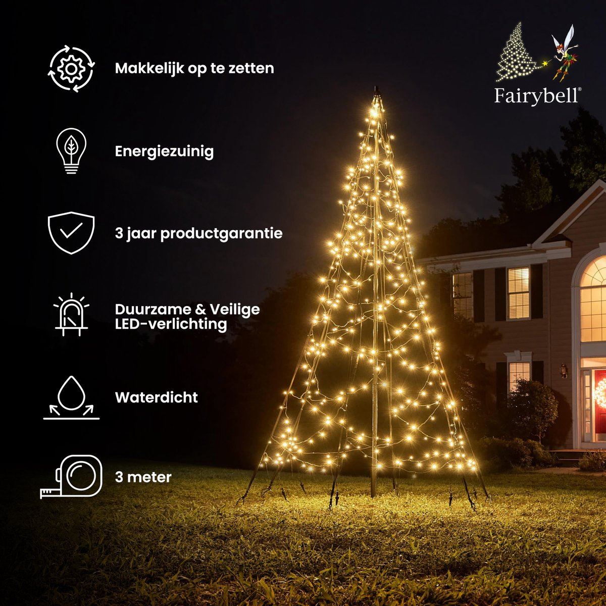 Fairybell vlaggenmast kerstboom - 300 cm - 360 warm witte ledlampjes - inclusief vlaggenmast