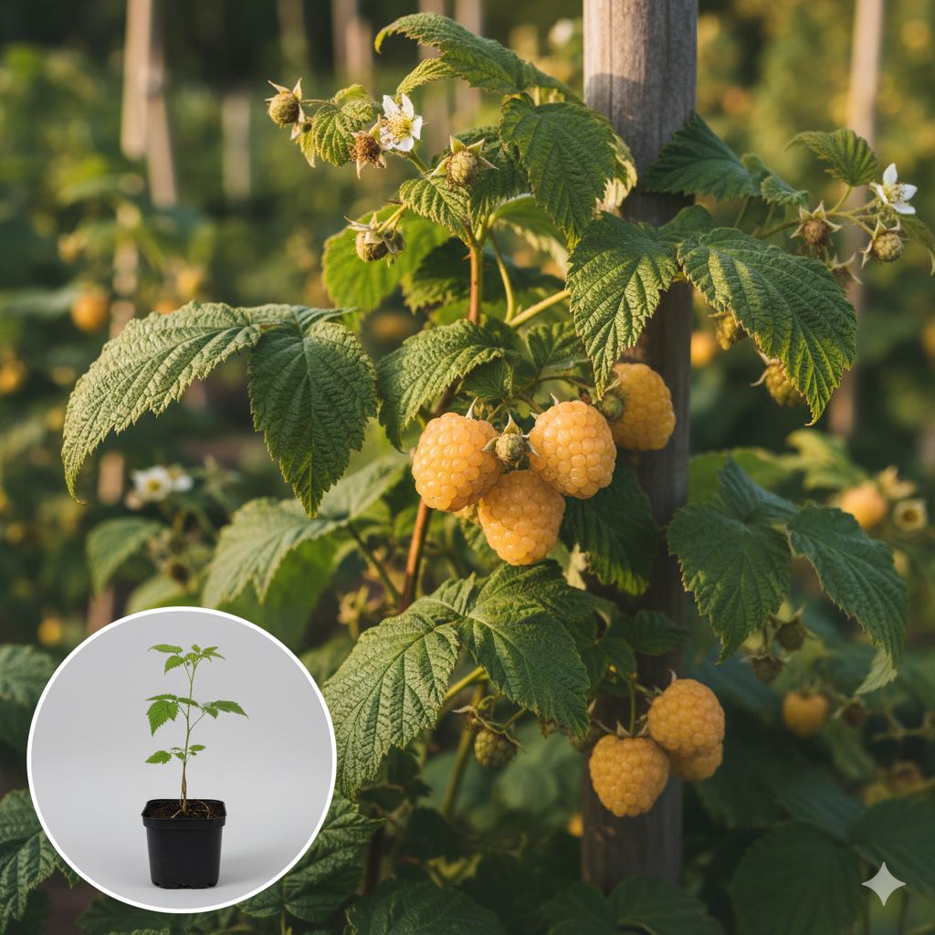 Rubus-idaeus-Fallgold-blote-wortel-struik