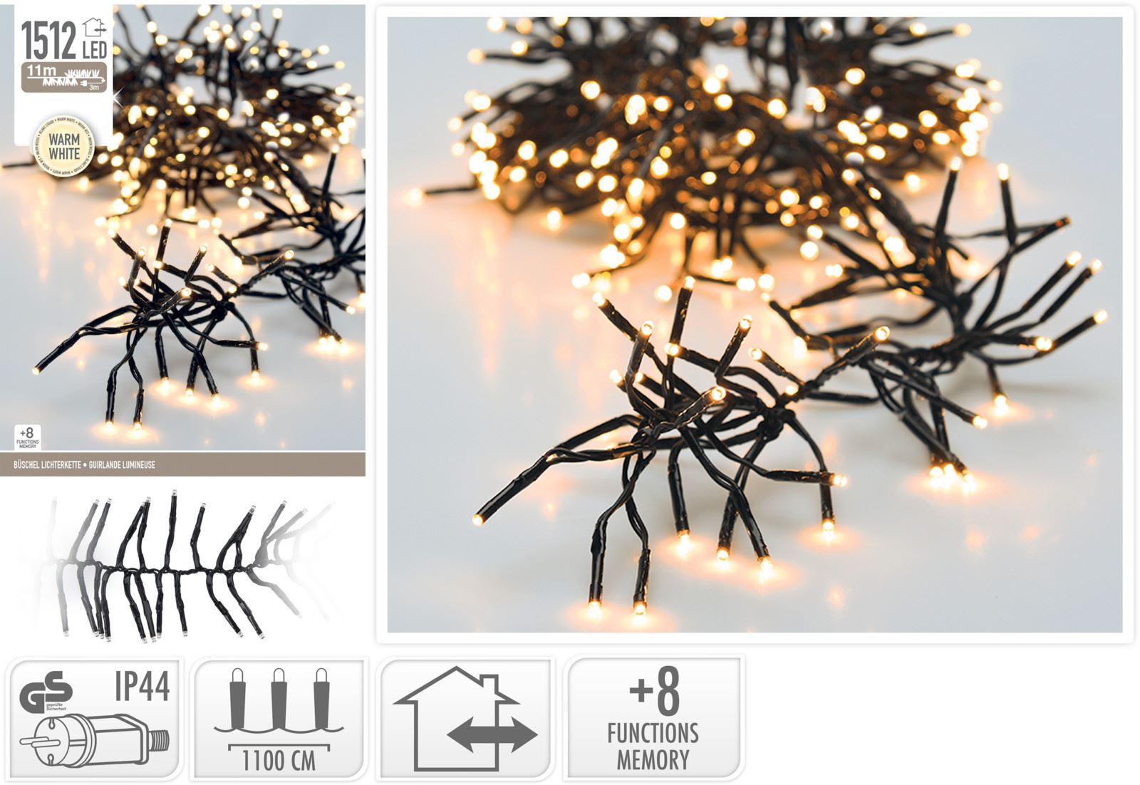 Cluster lighting - 11 m - 1,512 warm white LED lights - 8 functions