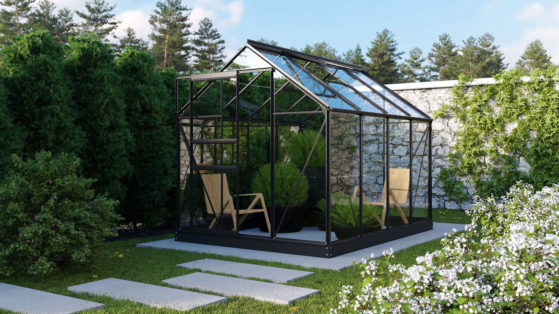 Vitavia Planet serre 5m² met veiligheidsglas - Zwart - Met enkele schuifdeur (B61 cm) en fundering