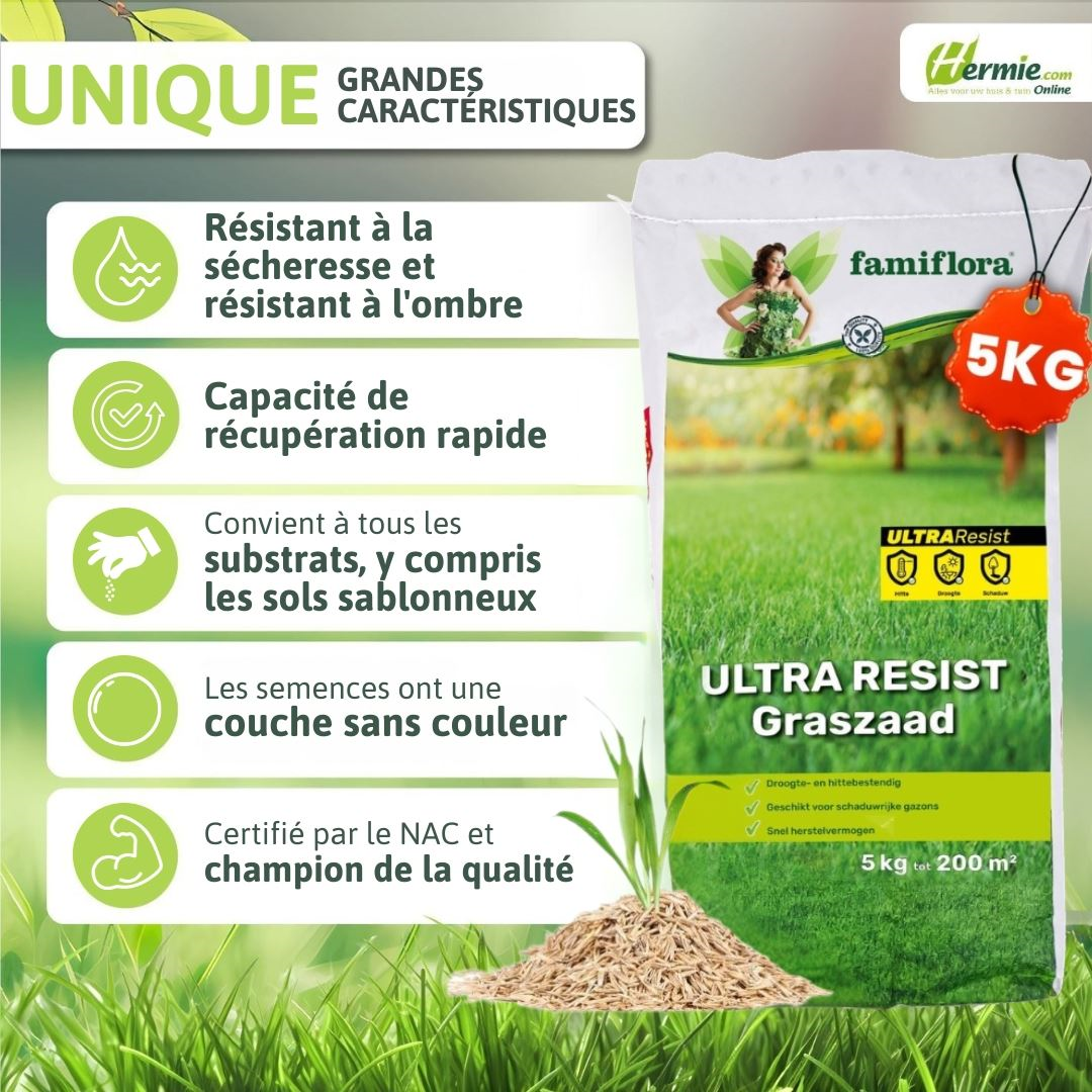 Famiflora semence de gazon 5kg jusqu'à 200m² - Ultra Resist - tout usage