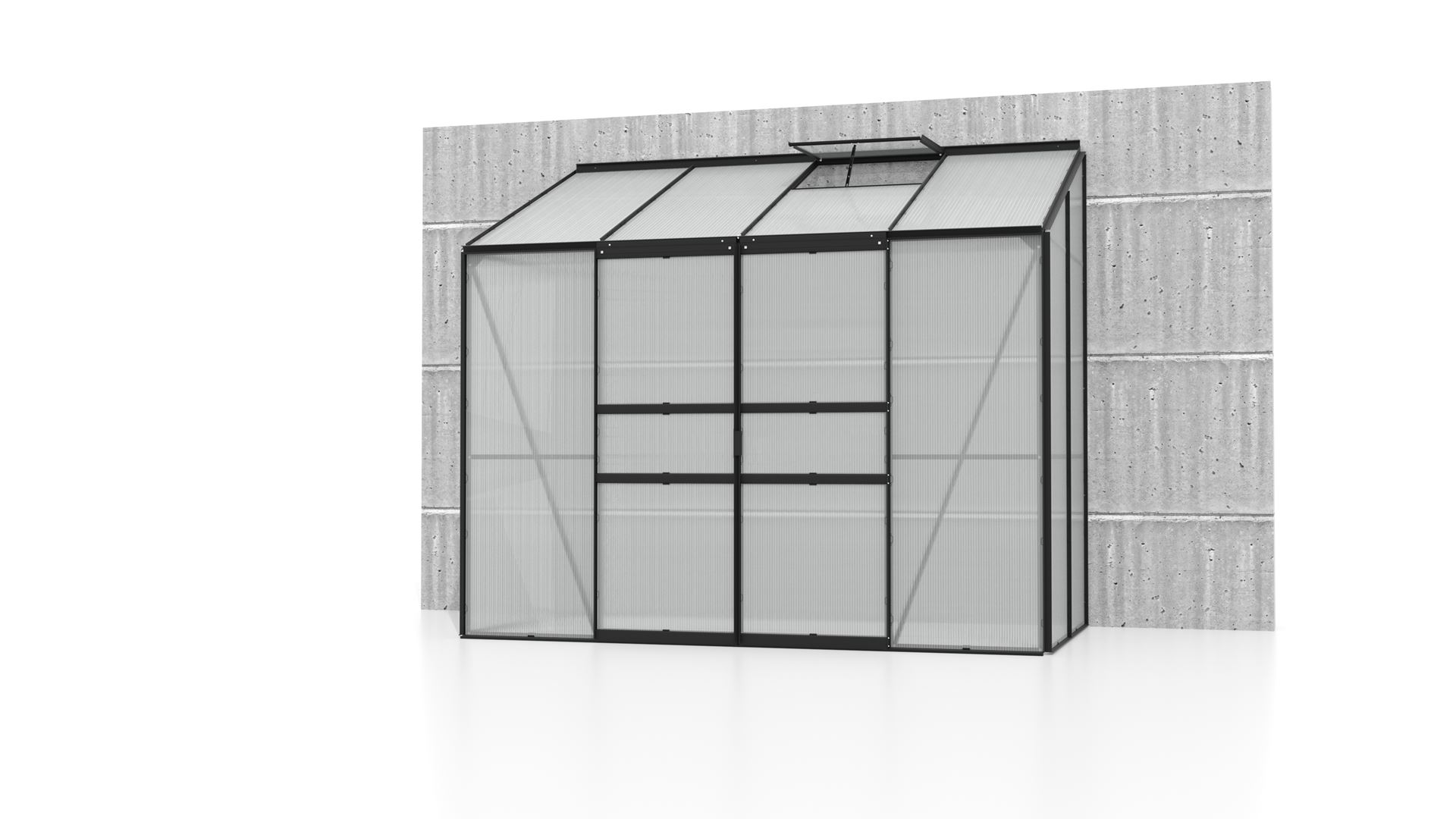 Ida-3300-HKP-4mm-zwart-Polycarbonaat-serre-Muurserre-B254-4-x-L127-9-x-H222-cm