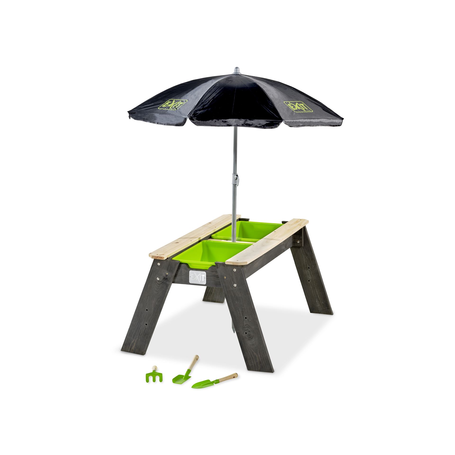 EXIT-Aksent-zand-en-watertafel-met-parasol-en-tuingereedschap