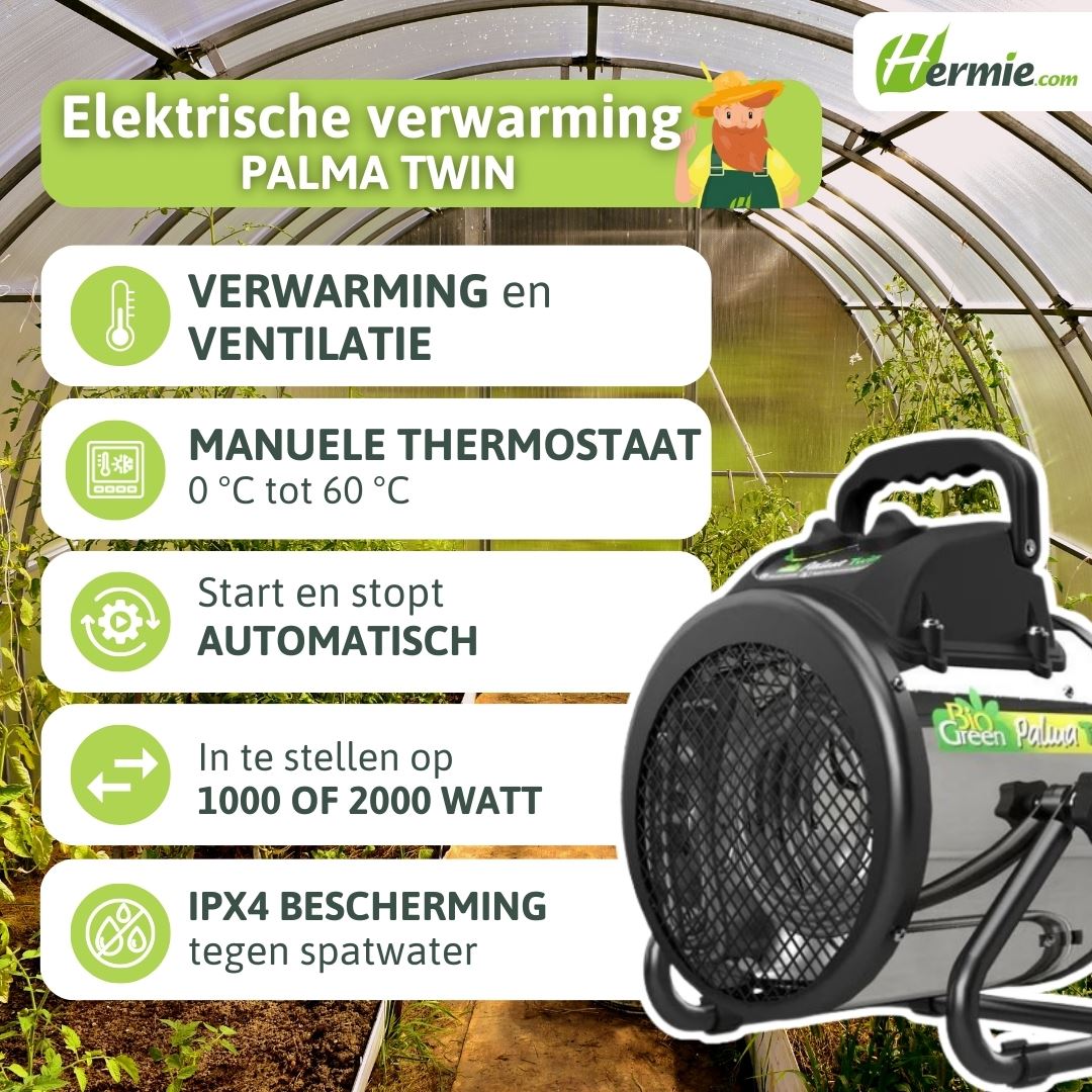 BioGreen fan heater Palma Twin with manual thermostat - for heating & air circulation in your greenhouse (up to 12m²) Elektrische-luchtverhitter-Palma-TWIN-handmatige-thermostaat-