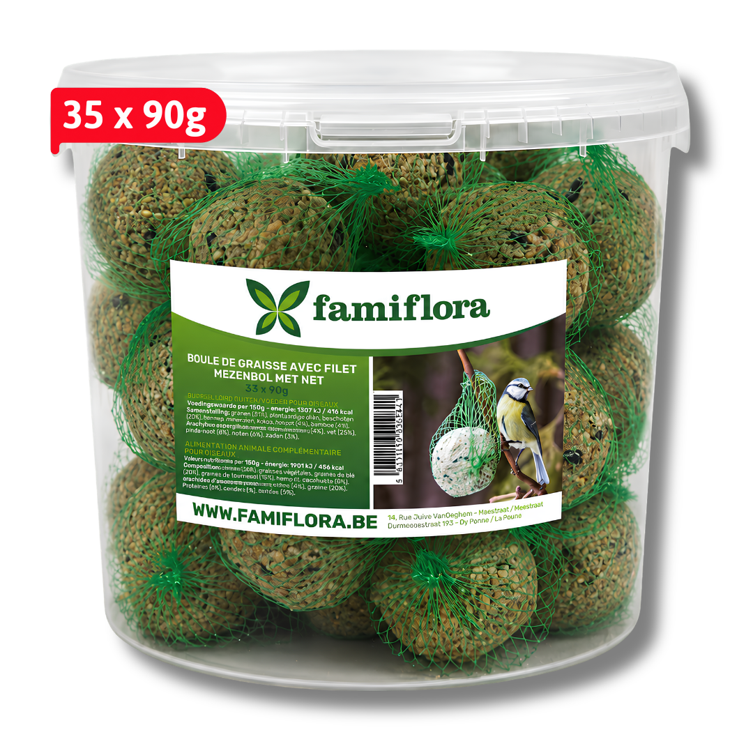 Boules pour mésanges Famiflora - 35 pièces dans un seau - Boules de graisse avec filet