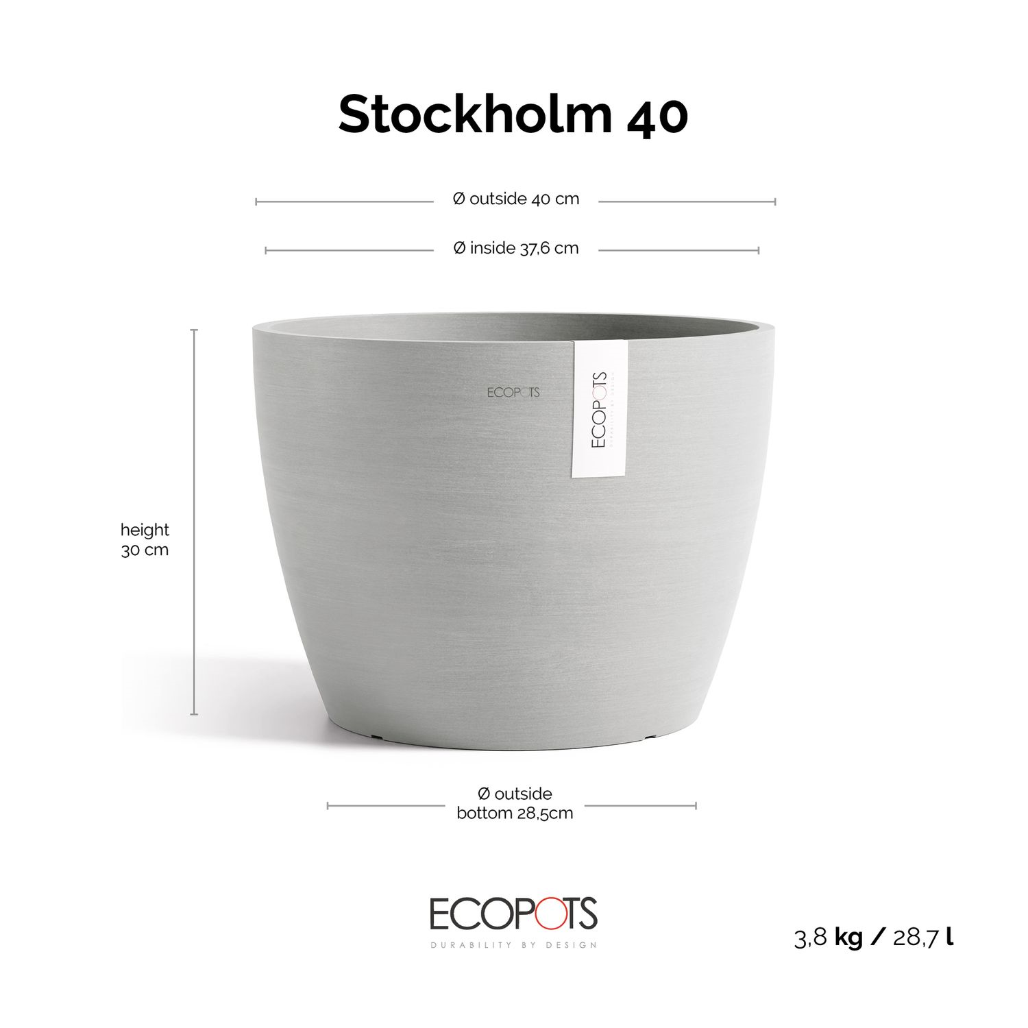 Ecopots flowerpot Stockholm 40 - Round - White Grey - Ø40 x H30 cm