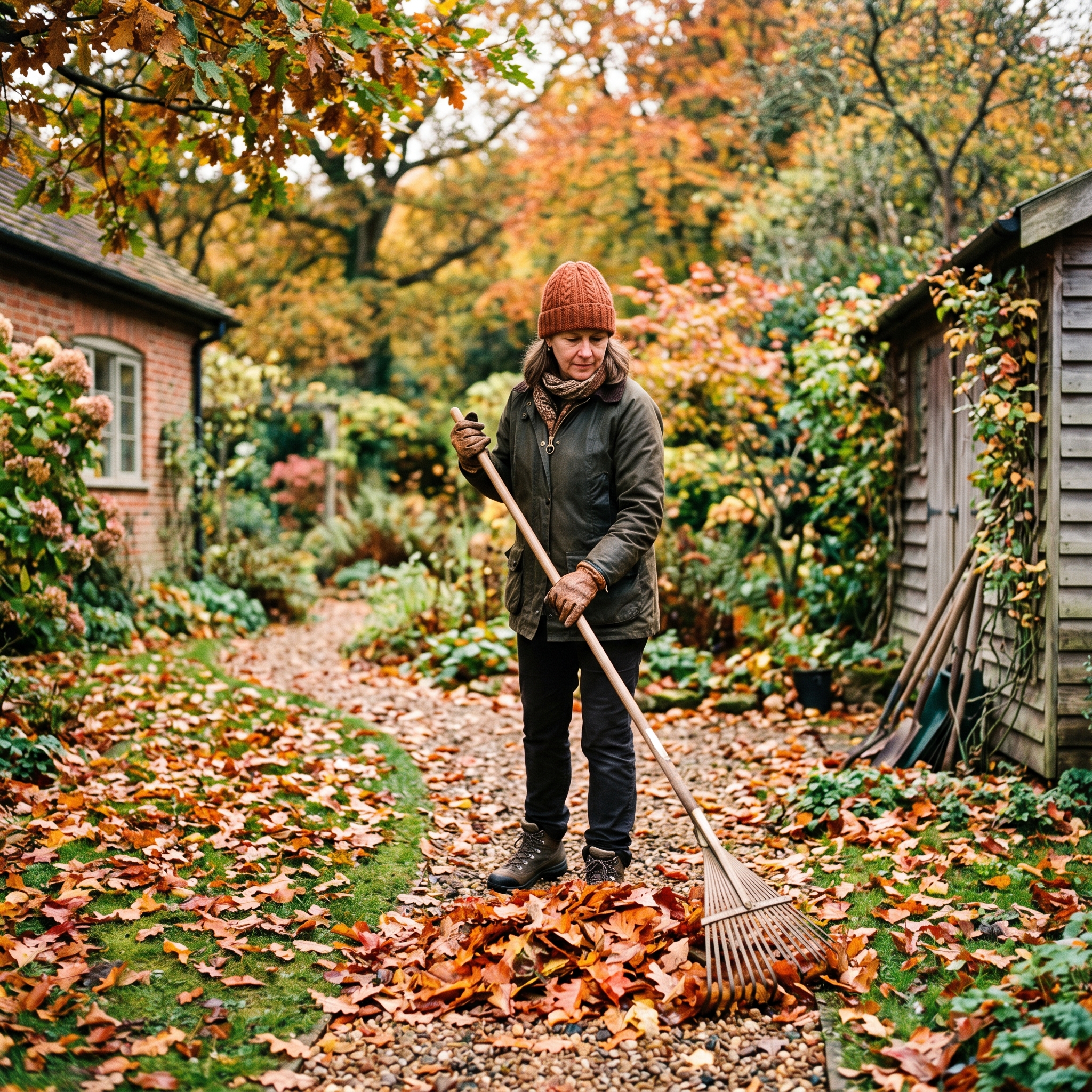 ramasser les feuilles dans le jardin