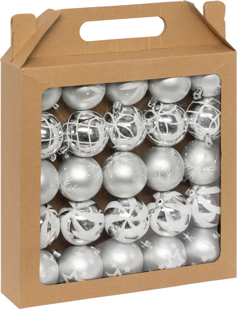 Feeric Boules de Noël - 25 pièces - 6 cm - Argent/Blanc - Plastique - Mélange de brillance et de paillettes