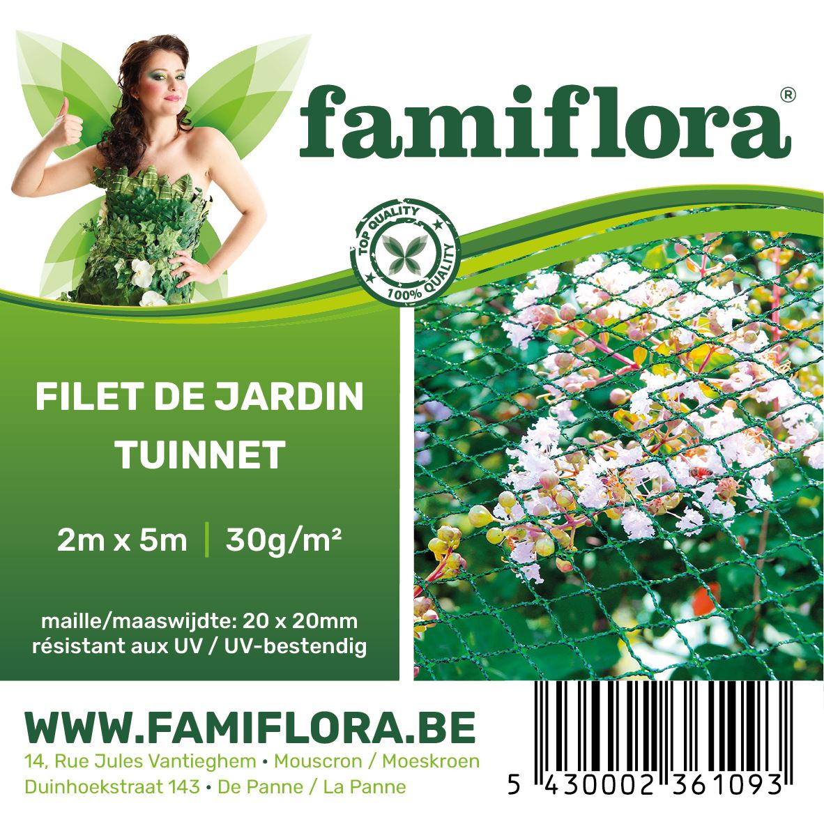 Famiflora vogelnet 200x500cm - 30g/m² - Maaswijdte 20x20mm