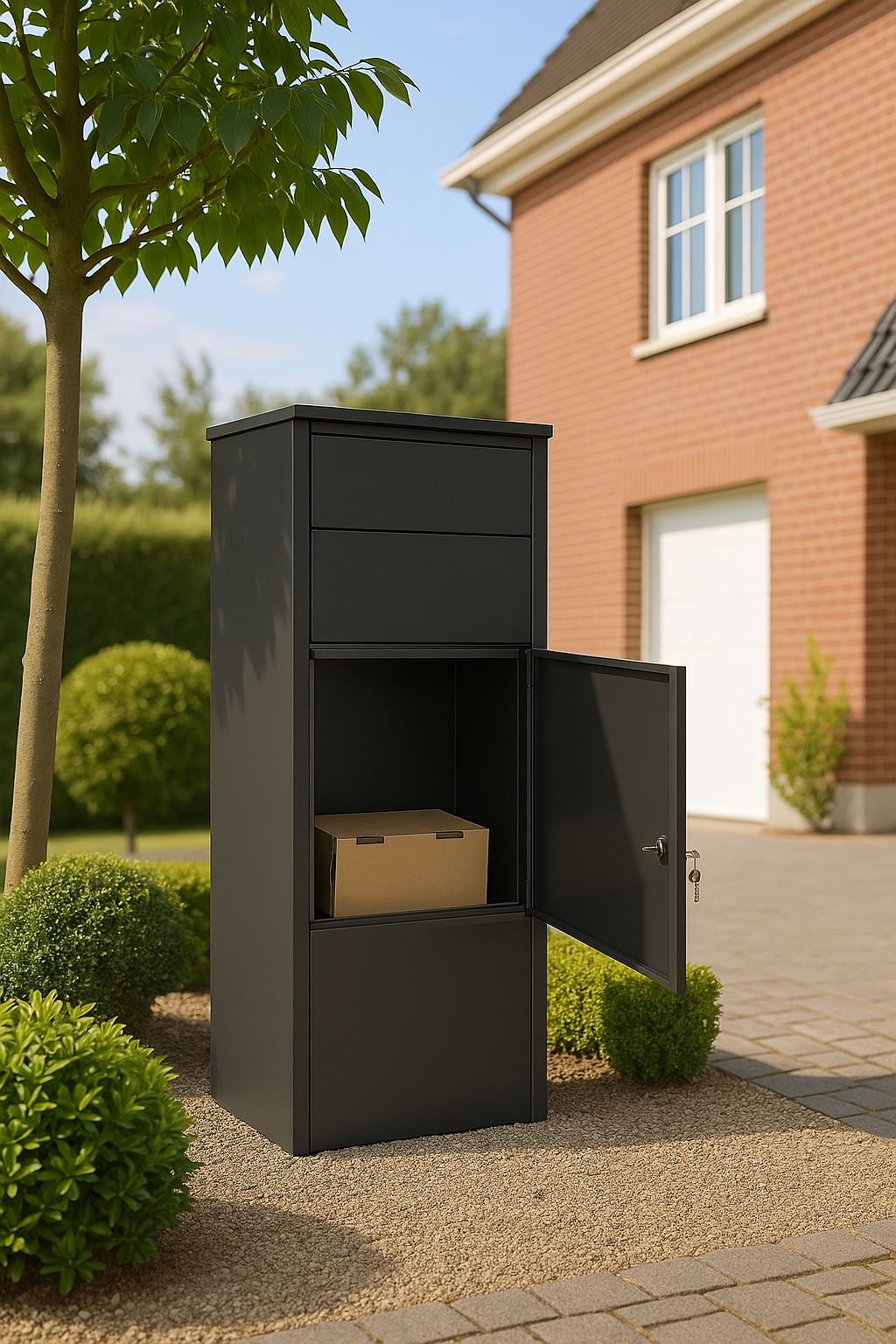 Staande-pakketbrievenbus-KUBE-mat-zwart-met-sleutelslot